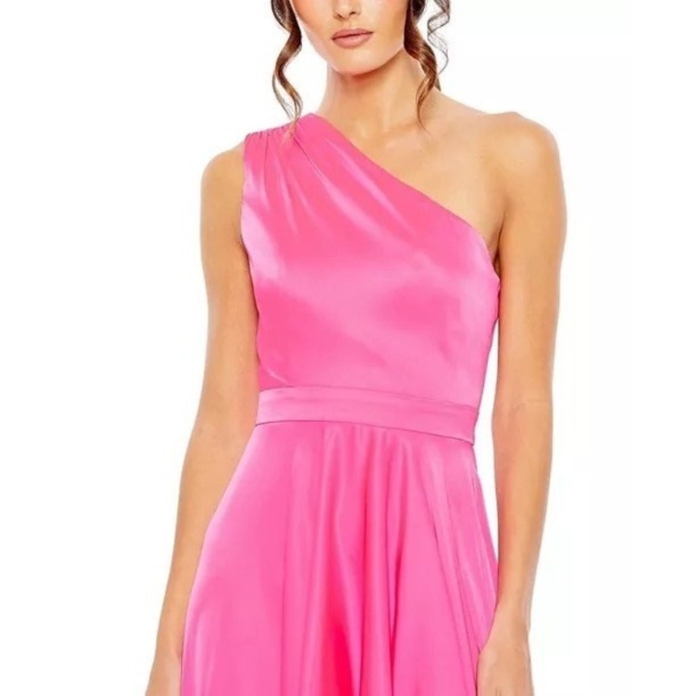 Mac Duggal One Shoulder High Low Satin Gown Hot Pink 49668 Dress Size Medium